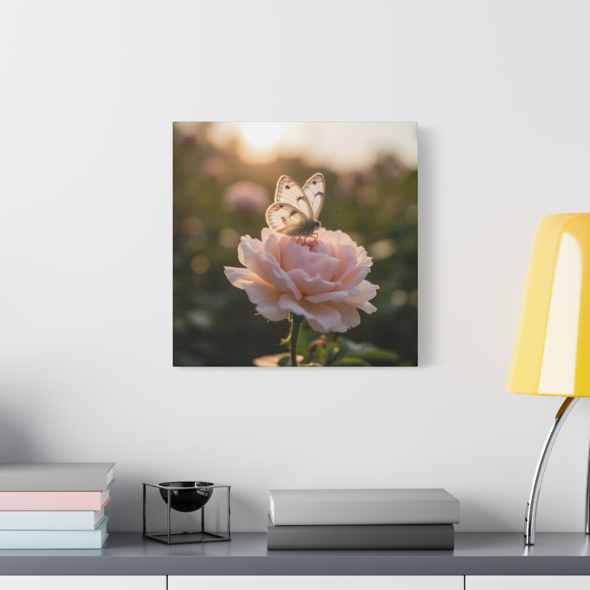Butterfly on Pink Rose Wall Art - Stretched Canvas