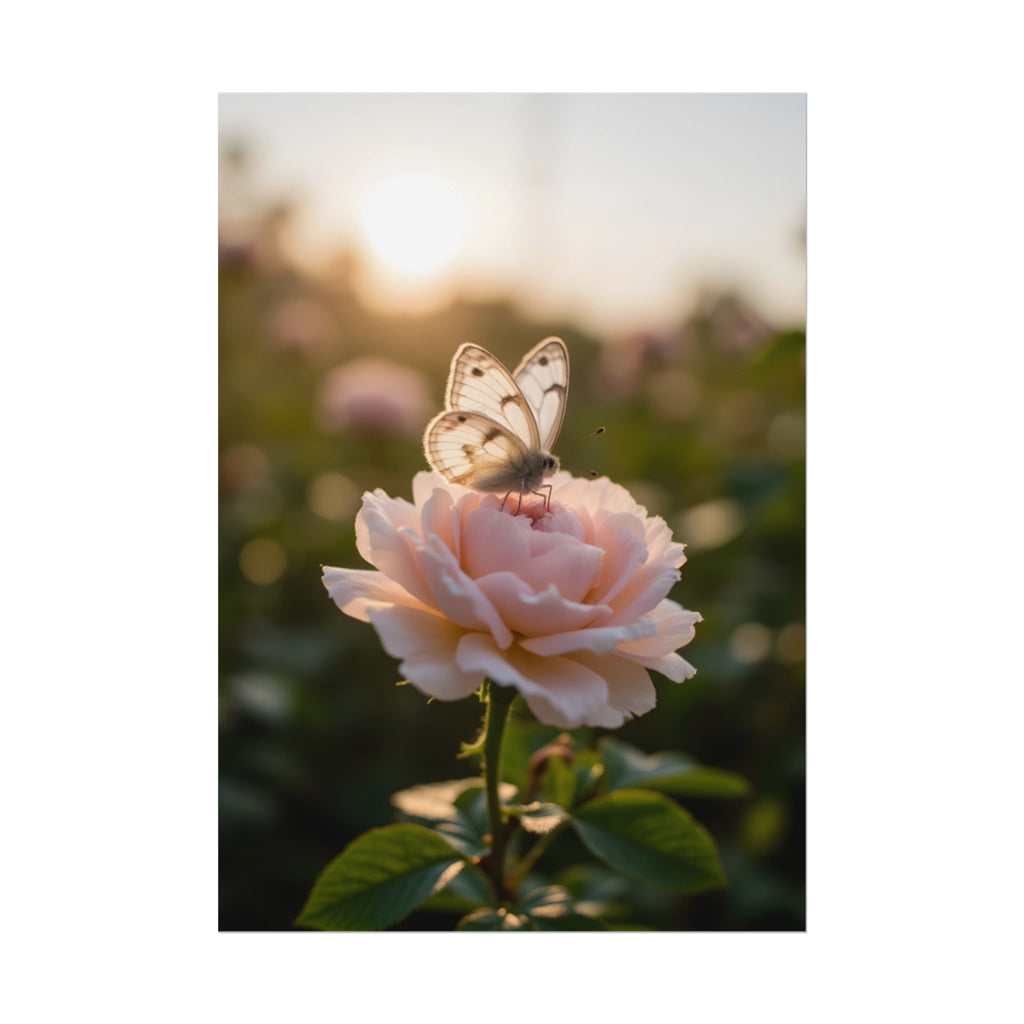 Butterfly on Pink Rose Wall Art - Poster