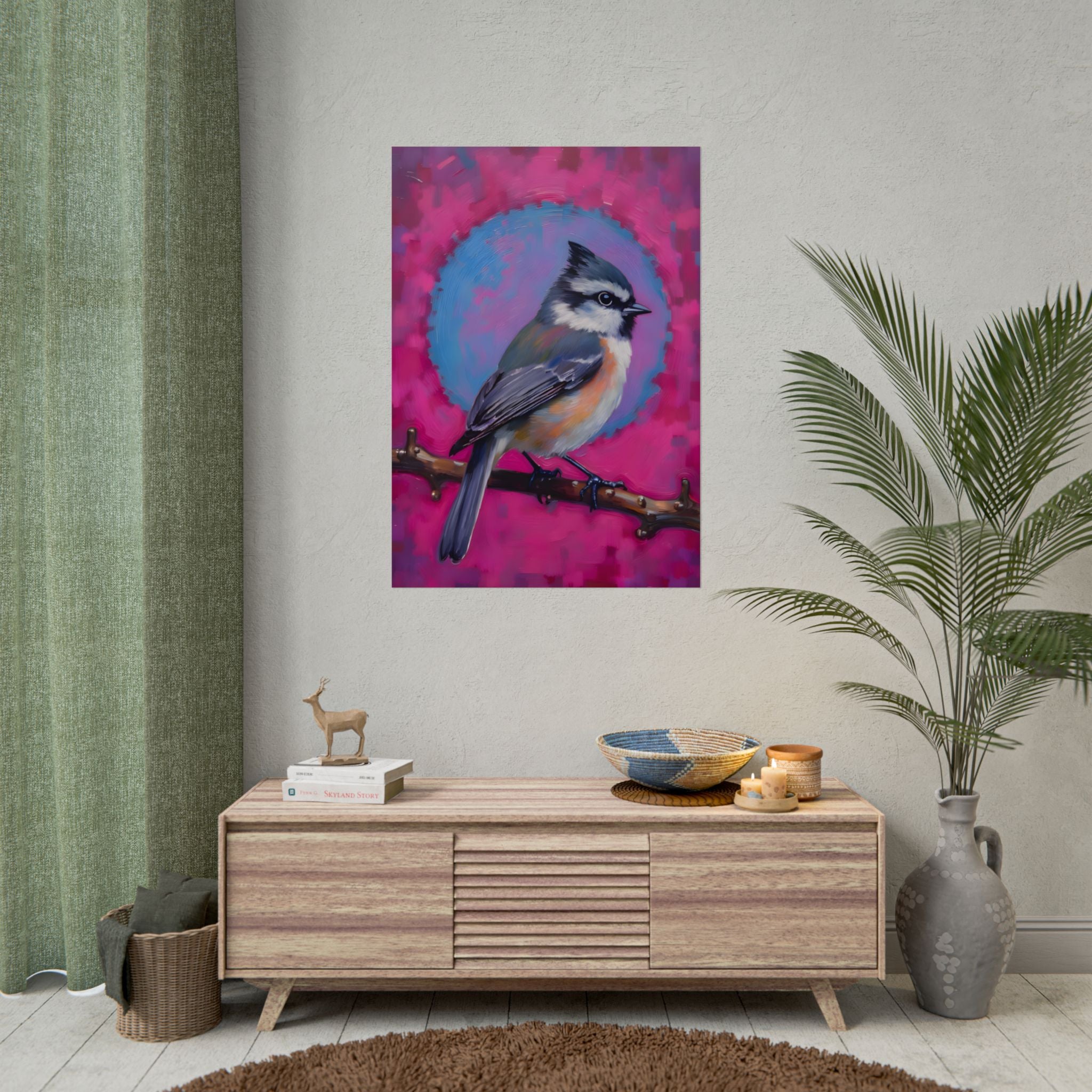 Kleurrijke Zangvogel Poster — Blauwe Gaai Kunstprint op Levendige Roze Achtergrond