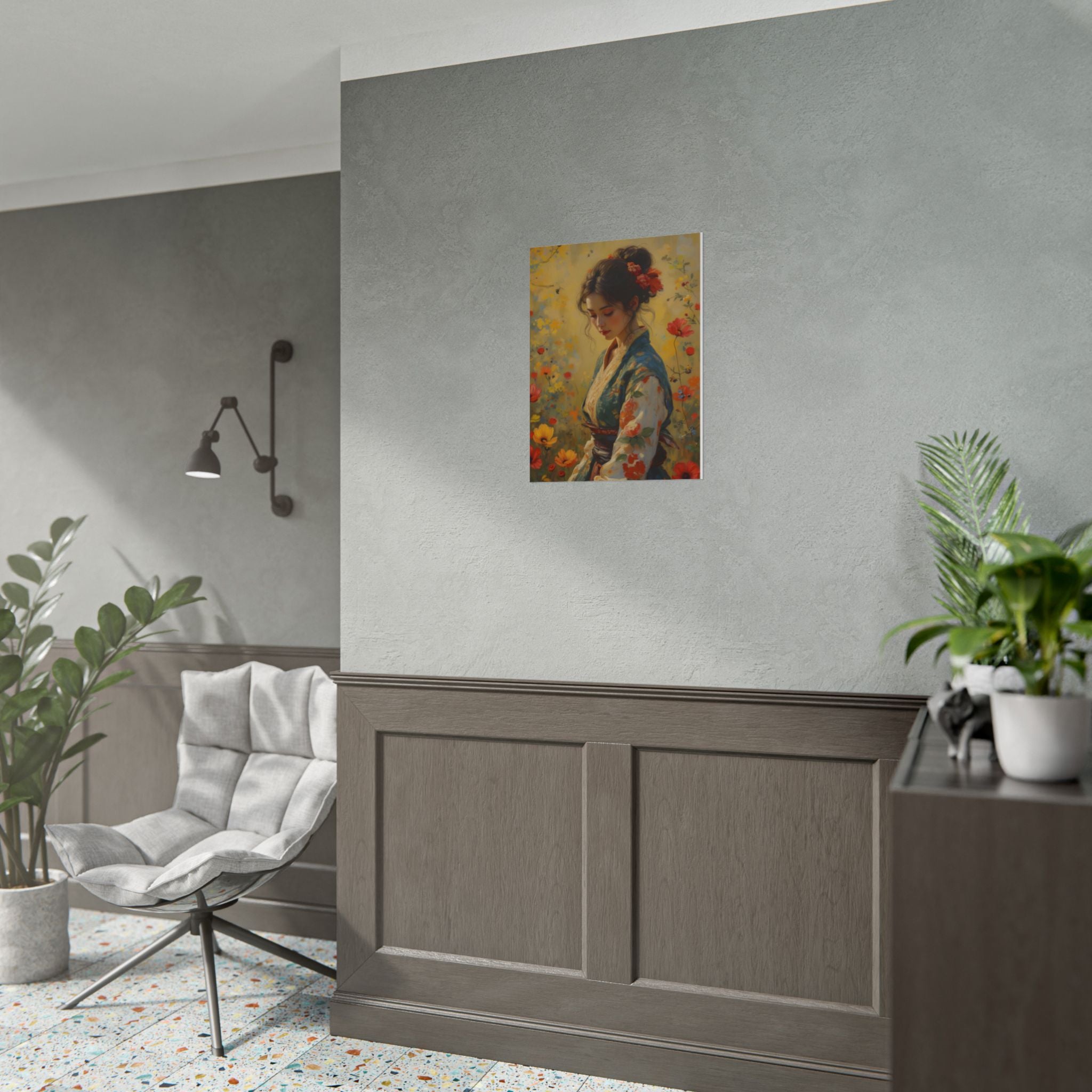 Aziatische bloemenprint dame muurdecoratie - poster 