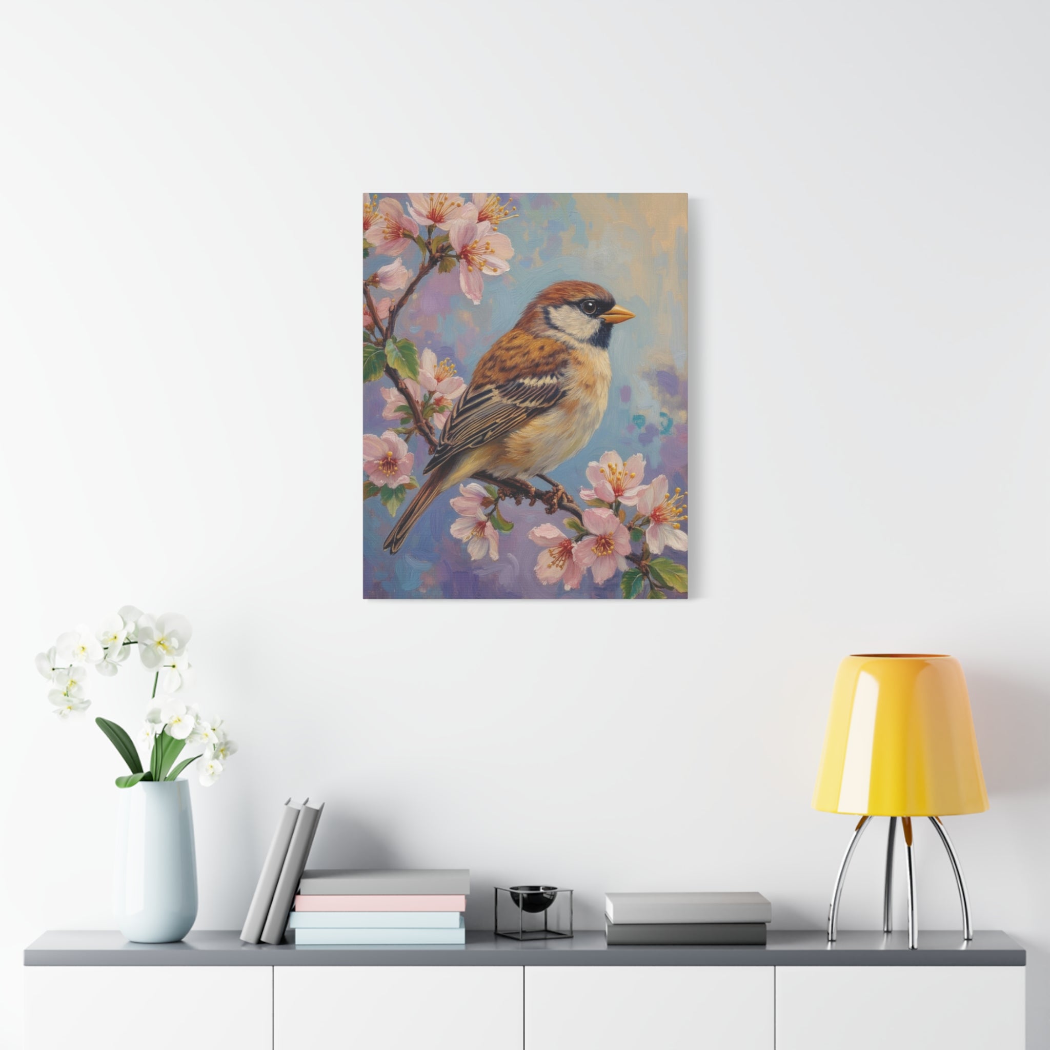 Sparrow on Cherry Blossoms Matte Stretched Canvas
