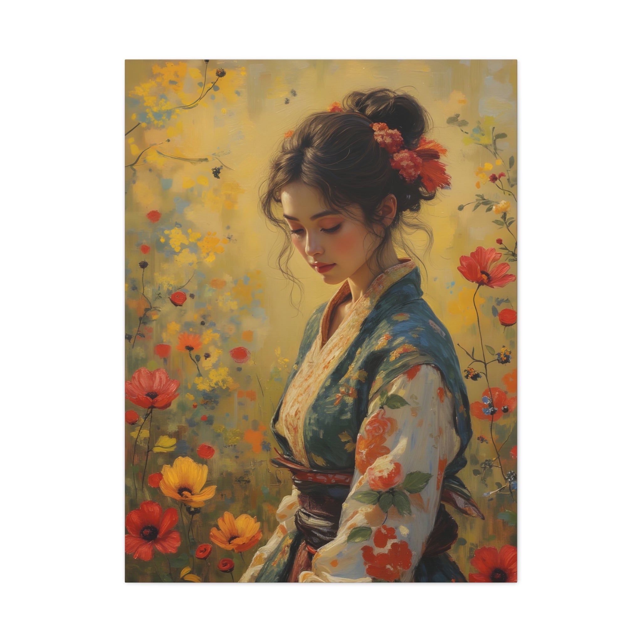 Asian Floral Lady Wall Art - Stretched Canvas