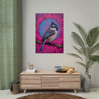 Colorful Songbird Poster — Blue Jay Art Print on Vibrant Pink Background
