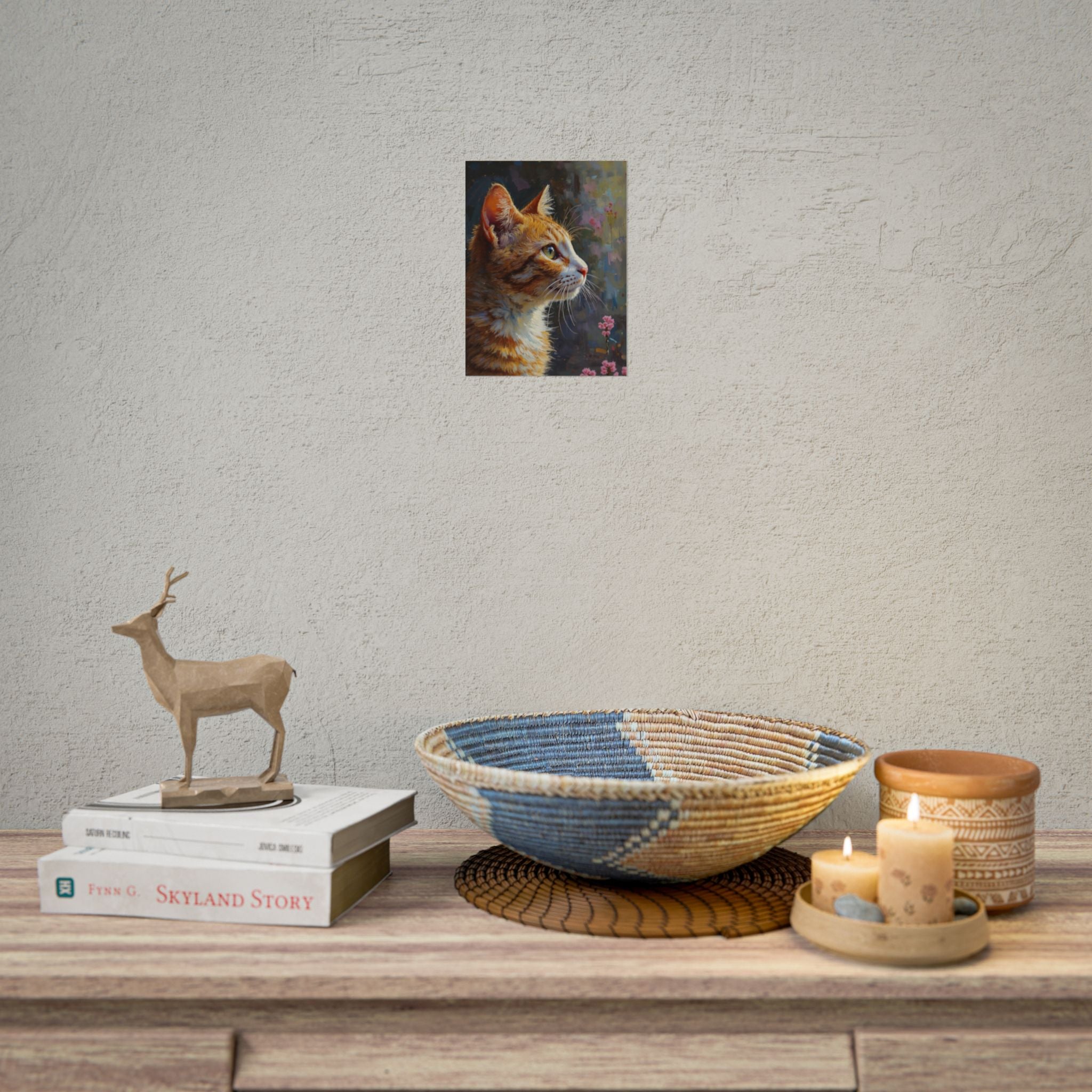 Oranje cyperse kat olieverf penseelstreek opgerolde poster