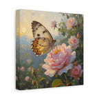 Butterfly on Pink Rose Wall Art - Stretched Canvas