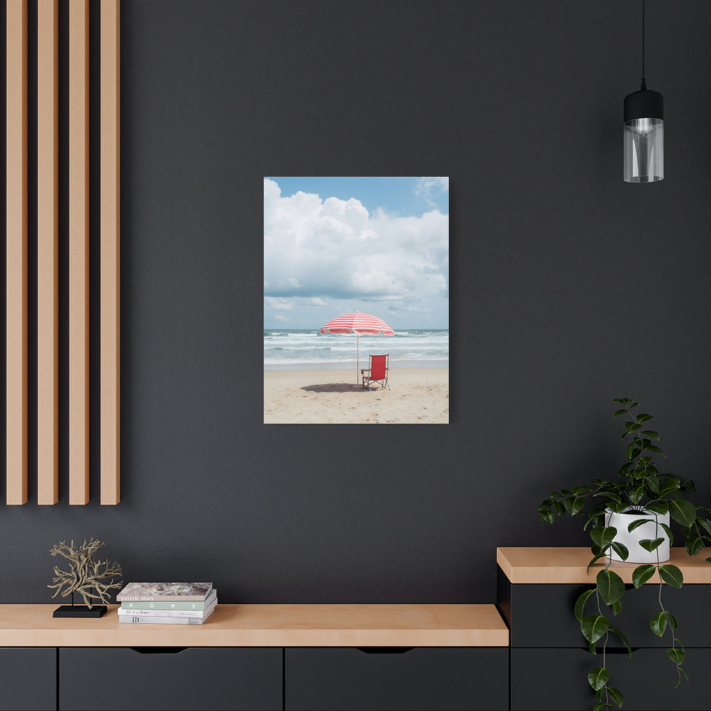 Sun-drenched beach memory with beach chair and umbrella Canvas Wall Art - Stretched Canvas