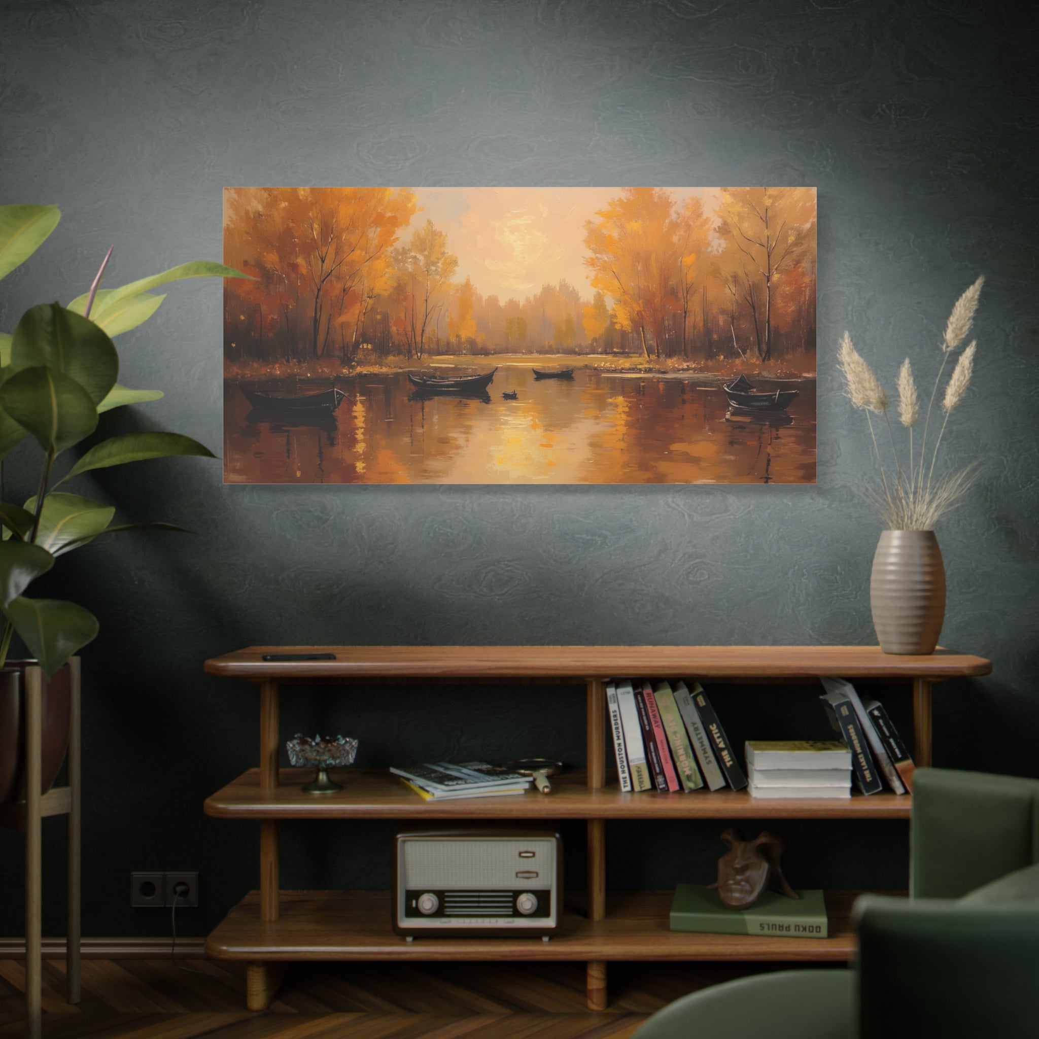 Autumn at the lake with rowboats Wall Art - Stretched Canvas