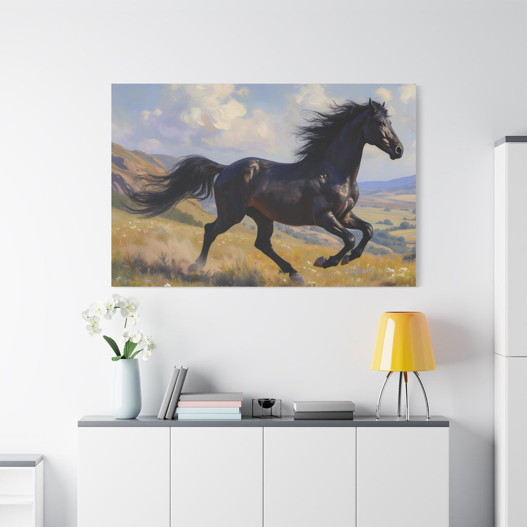 Running Black Stallion Wall Art - Horse Painting - Stretched Canvas