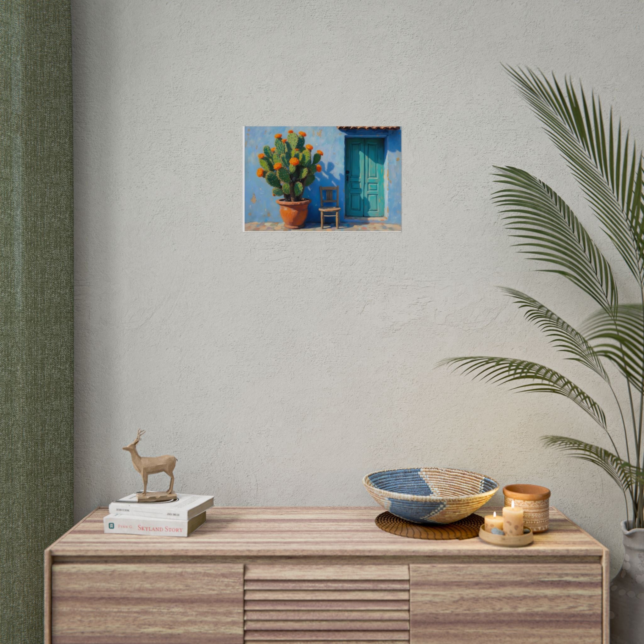 Cactus Binnenplaats Gerolde Poster — Turquoise Deur Woestijn Kunst aan de Muur