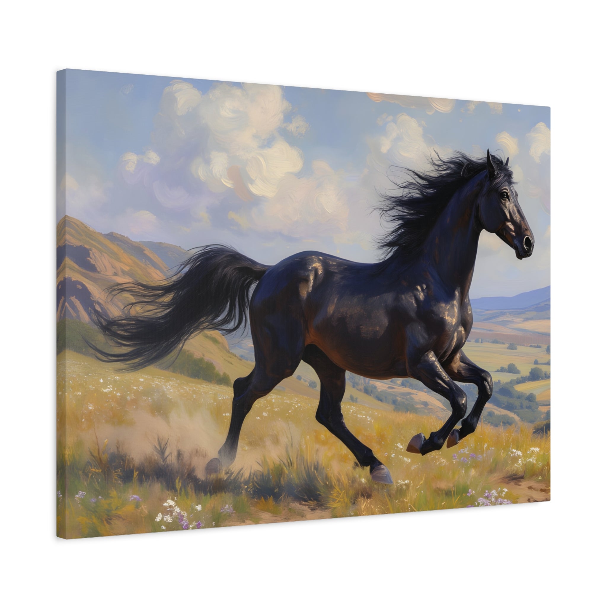 Running Black Stallion Wall Art - Horse Painting - Stretched Canvas