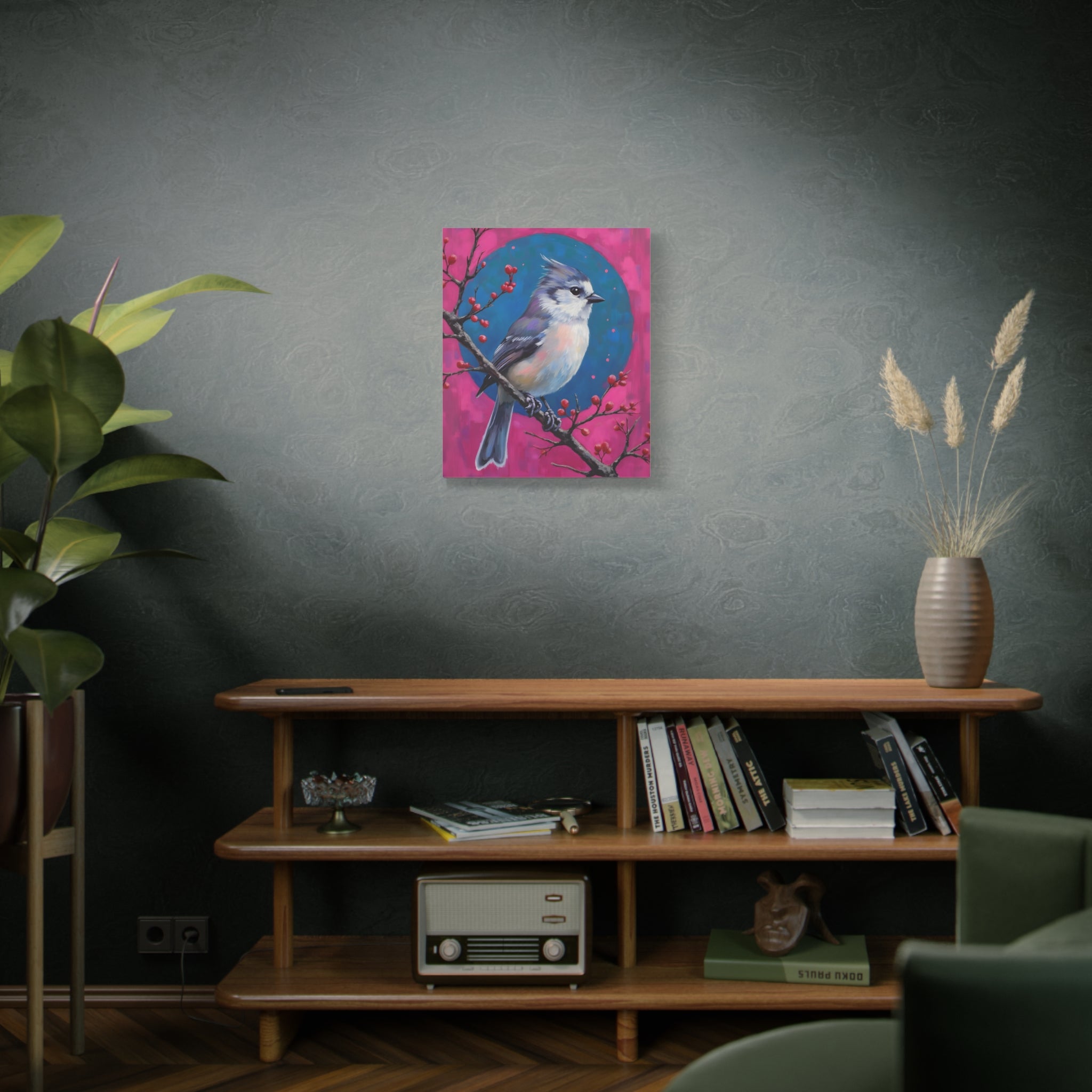 Blue jay on a holly branch Wall Art - Stretched Canvas
