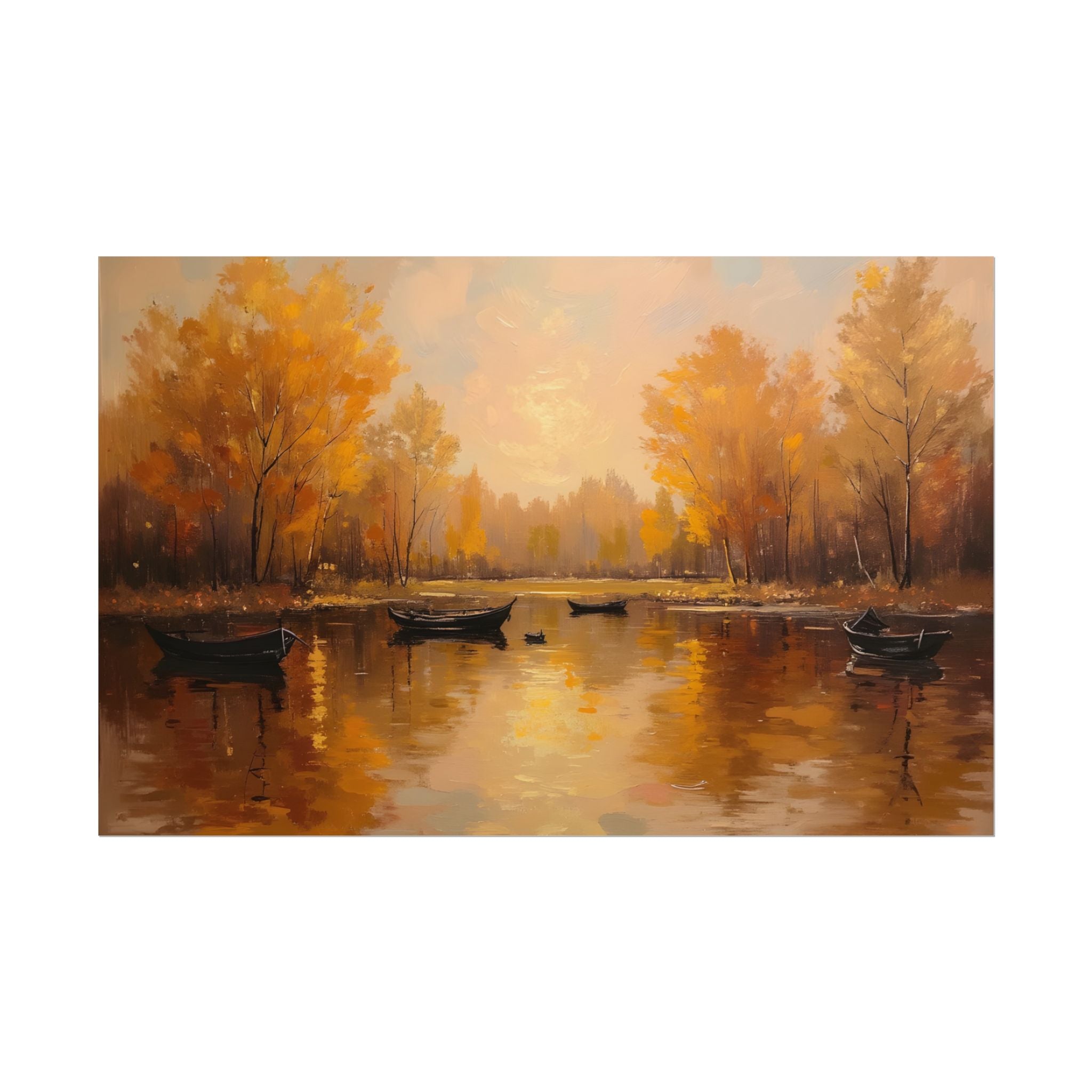 Autumn at the lake with rowboats - Poster