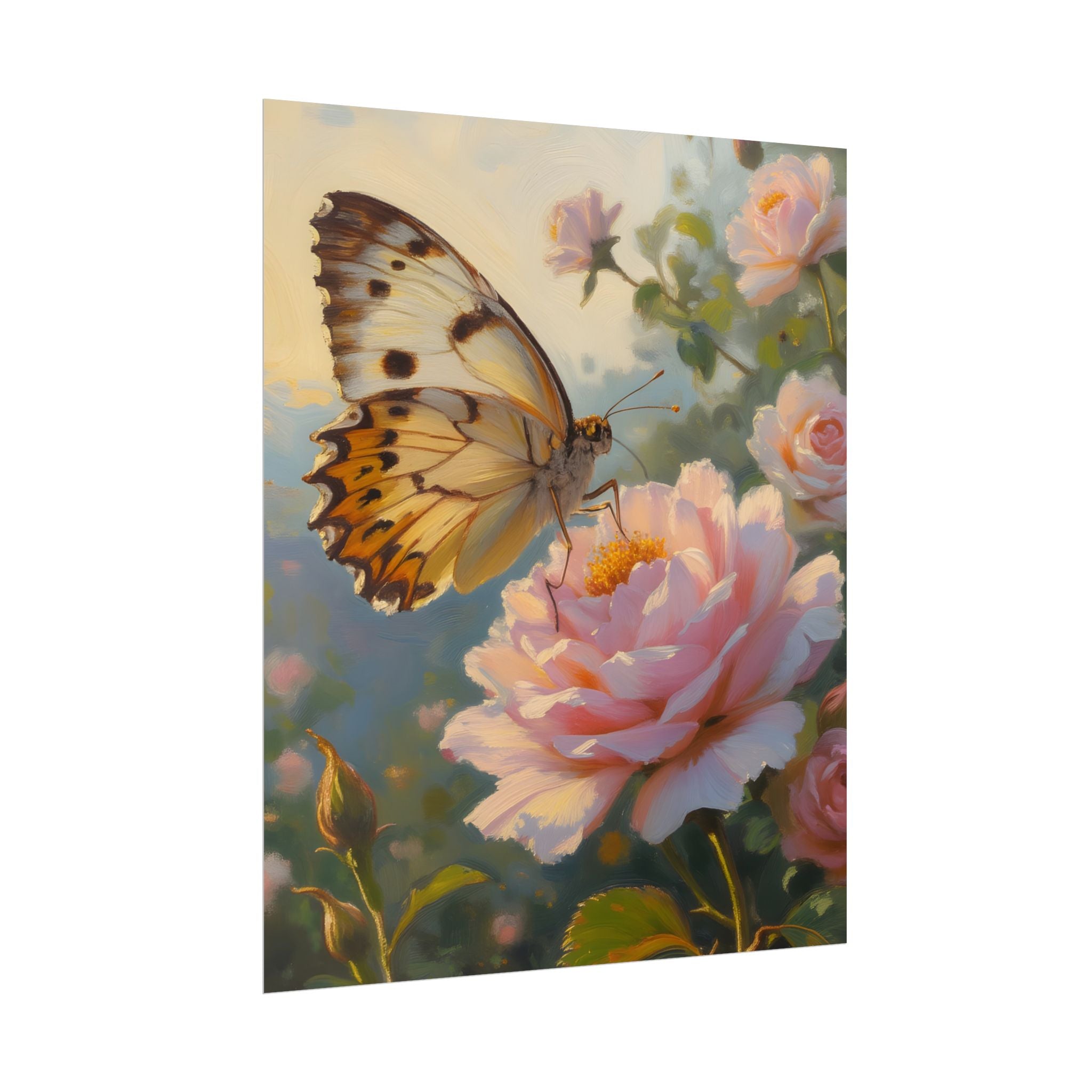 Butterfly on Pink Rose Wall Art - Poster