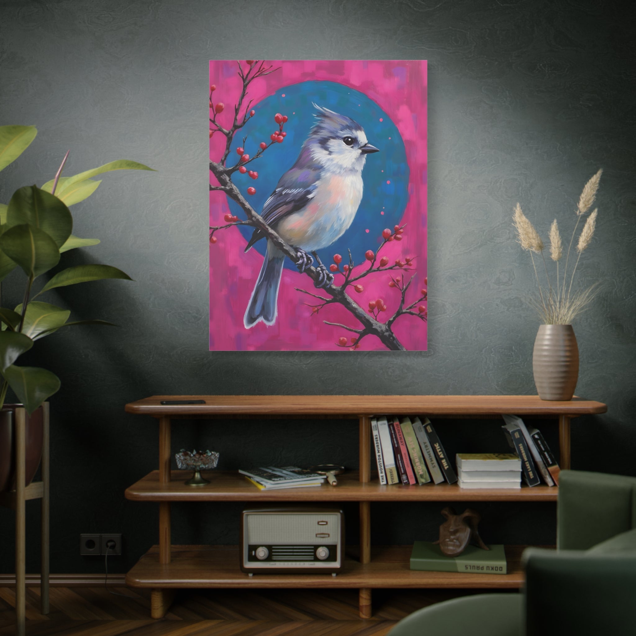 Blue jay on a holly branch Wall Art - Stretched Canvas