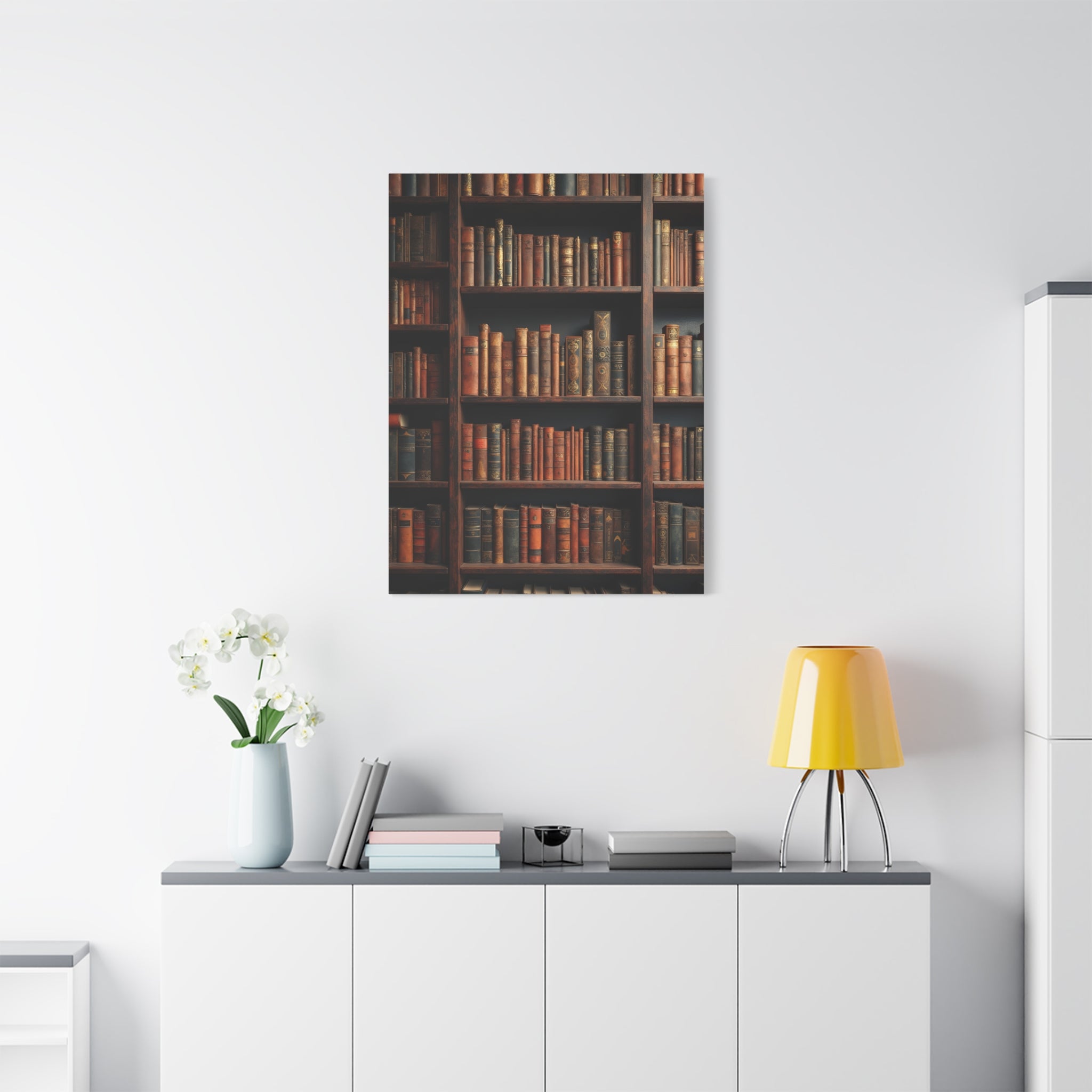 Vintage Library Books Canvas Print - Stacked Antique Bookshelf Wall Art