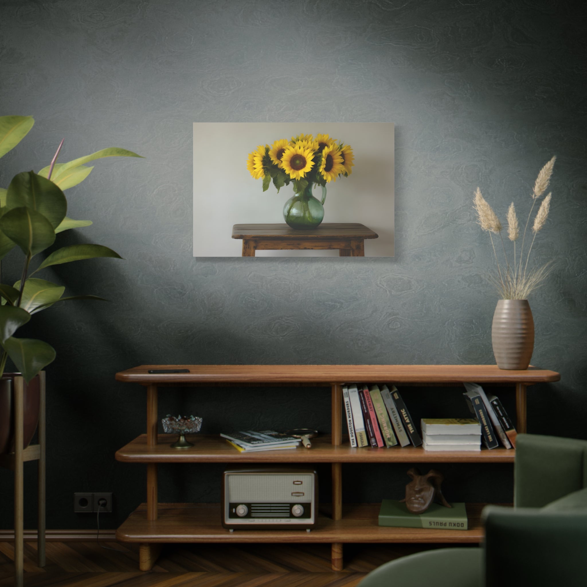 Sunflowers in Green Pitcher Wall Art - Stretched Canvas