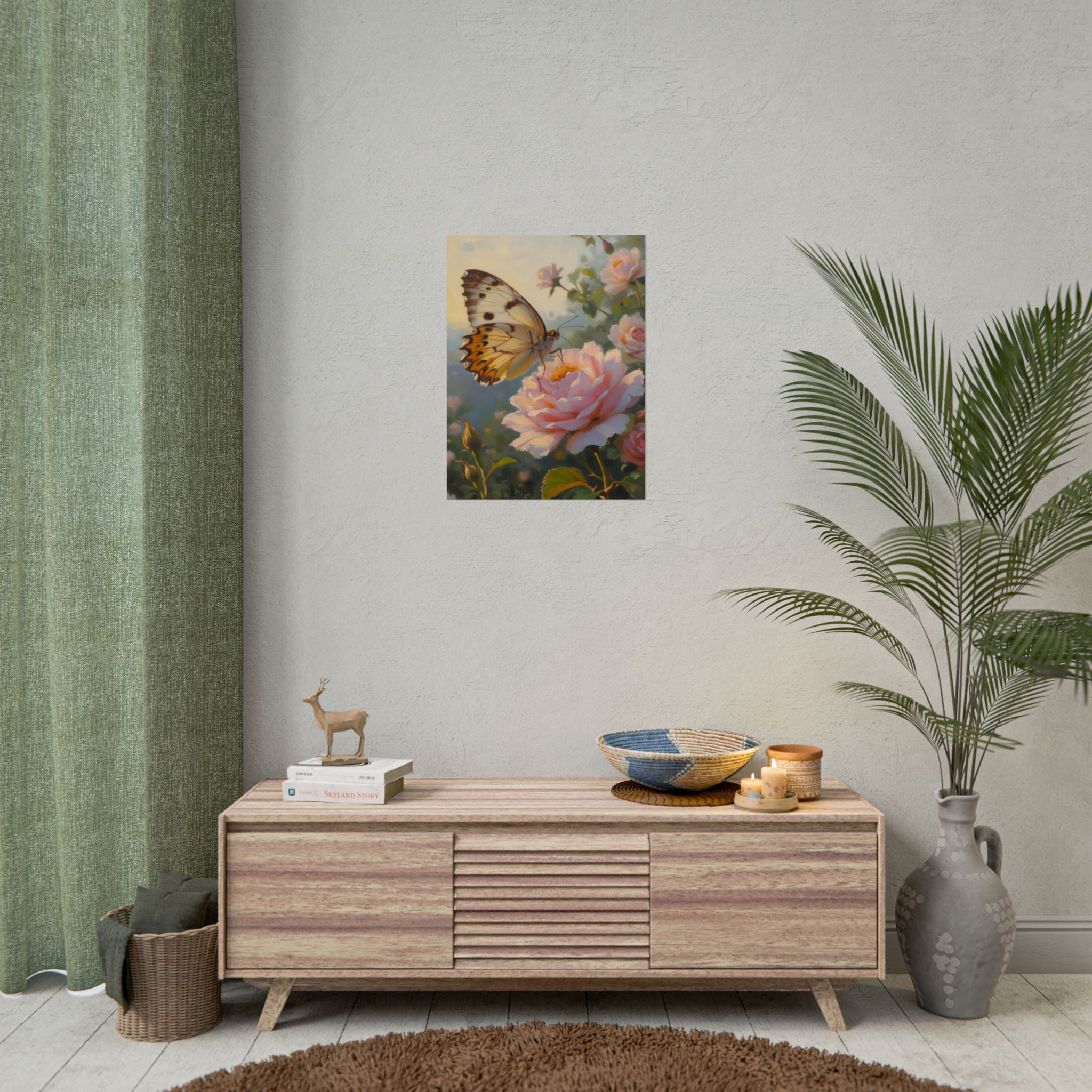Butterfly on Pink Rose Wall Art - Poster