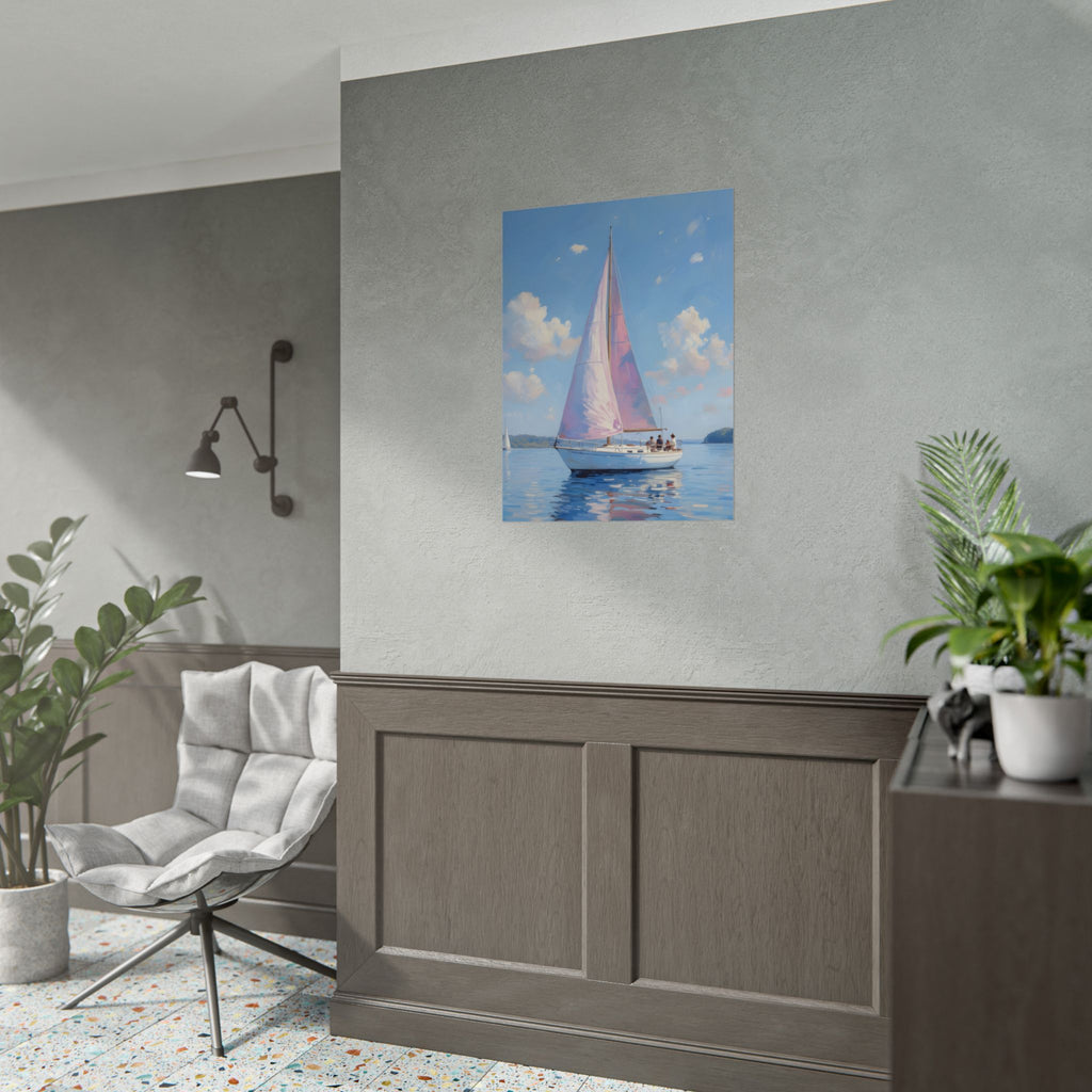 Sailing boat on calm water with pink accents - Poster