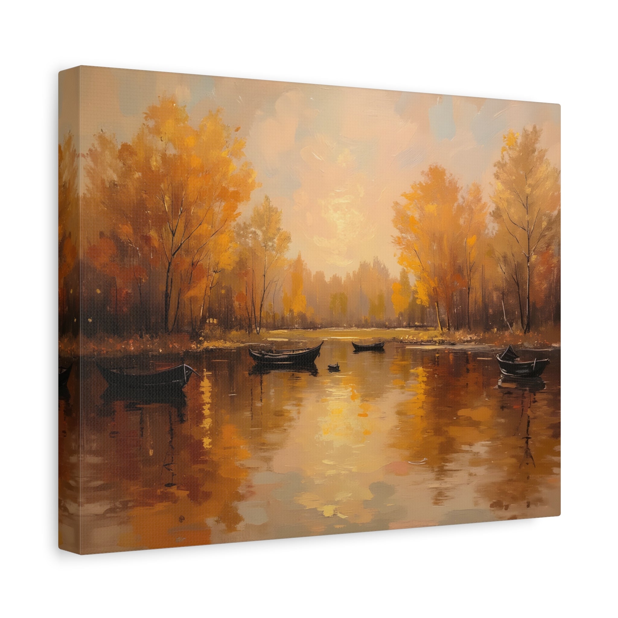 Autumn at the lake with rowboats Wall Art - Stretched Canvas