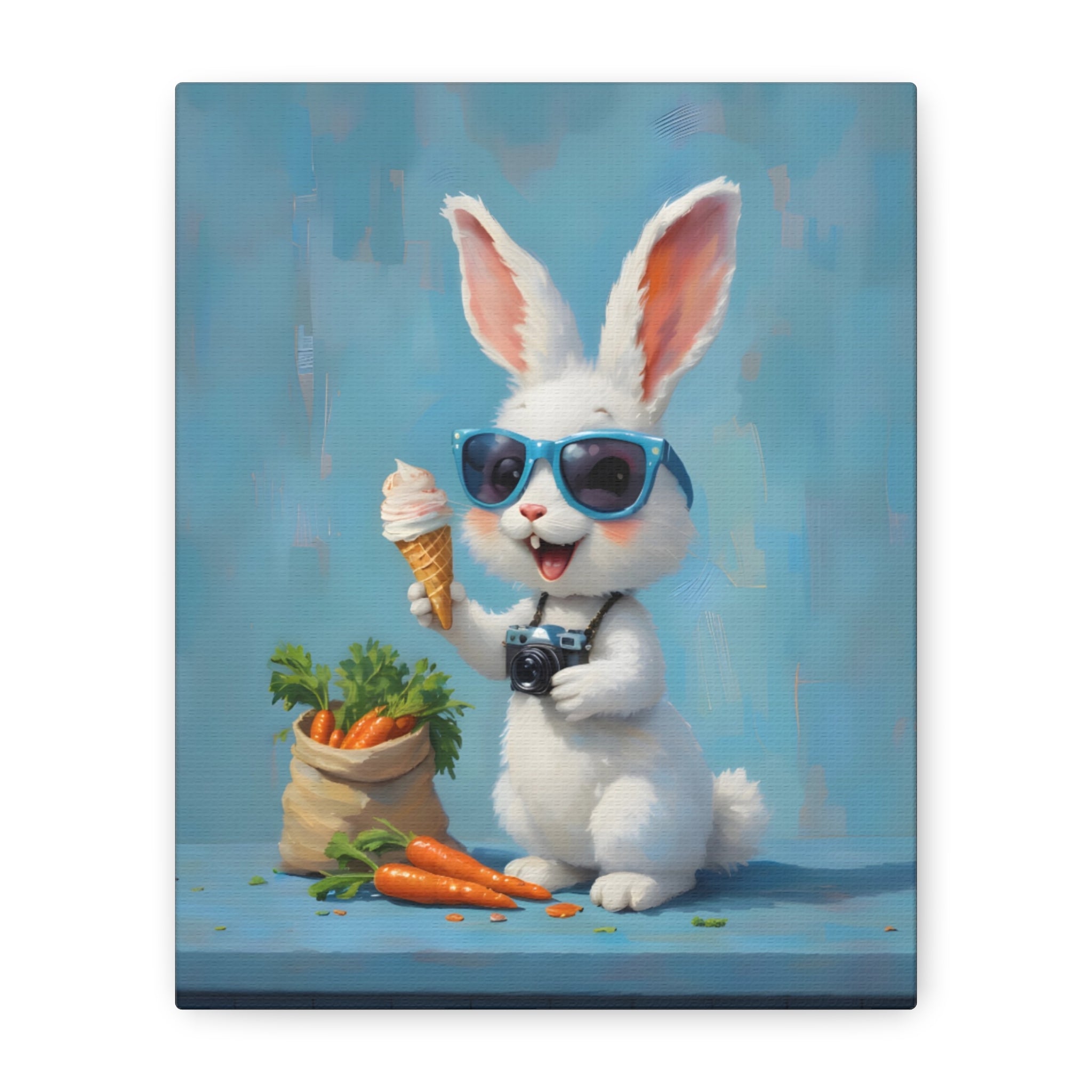 Blue Bunny Canvas Print — Cute Rabbit with Sunglasses & Ice Cream Matte Wall Art