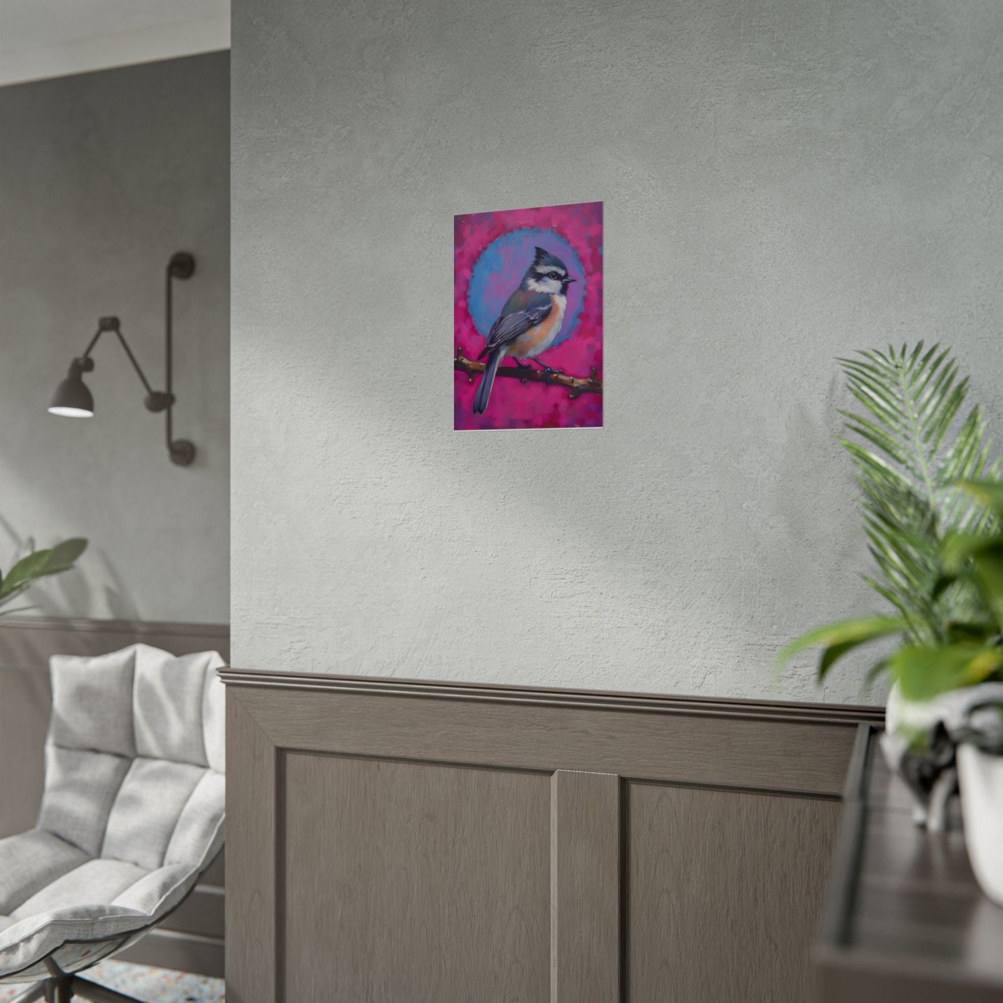 Colorful Songbird Poster — Blue Jay Art Print on Vibrant Pink Background
