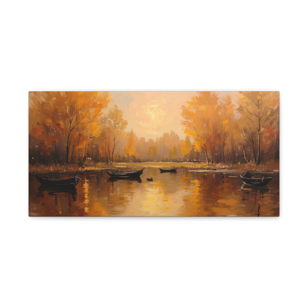 Autumn at the lake with rowboats Wall Art - Stretched Canvas