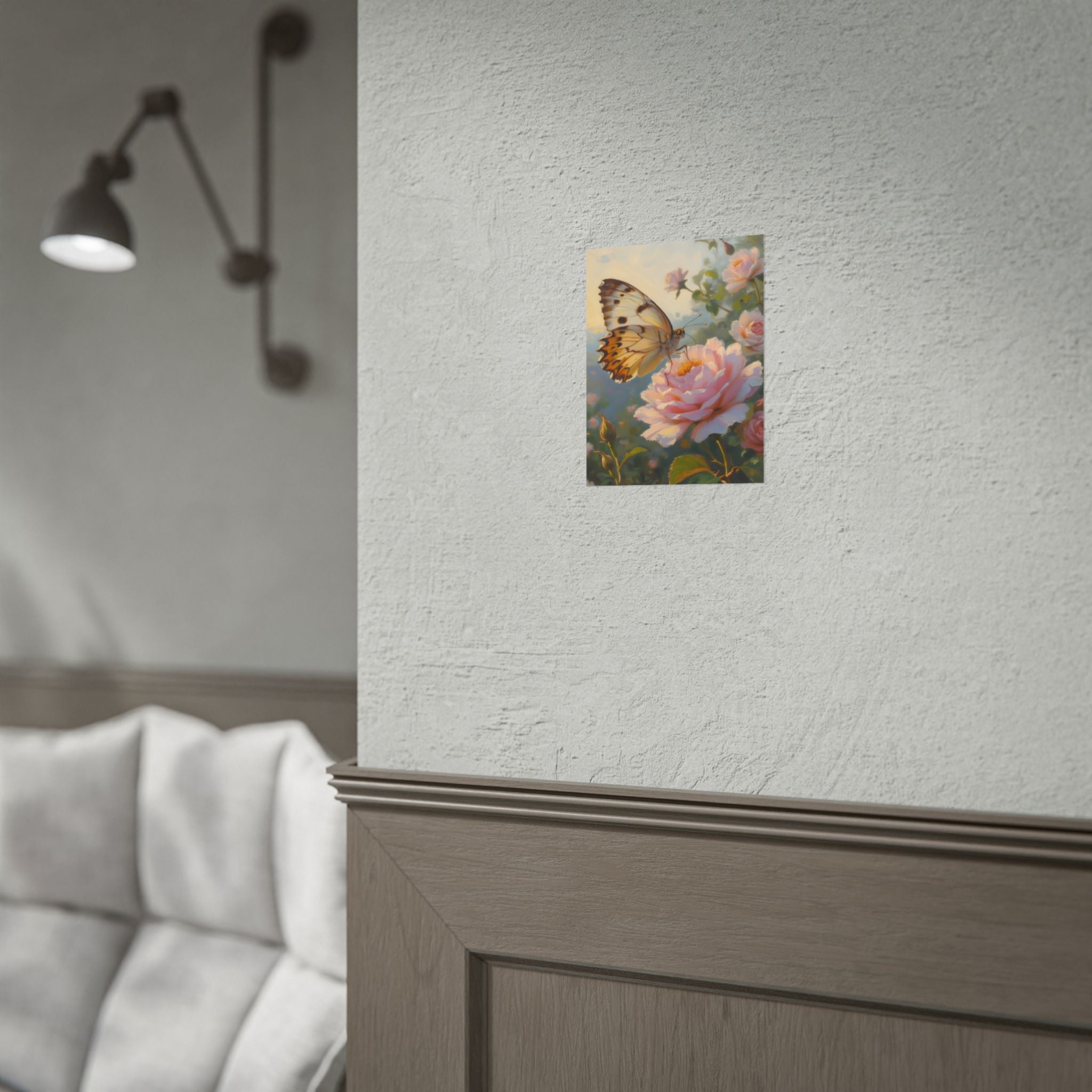 Butterfly on Pink Rose Wall Art - Poster