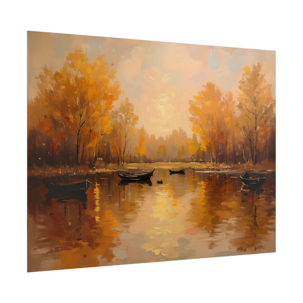 Autumn at the lake with rowboats - Poster