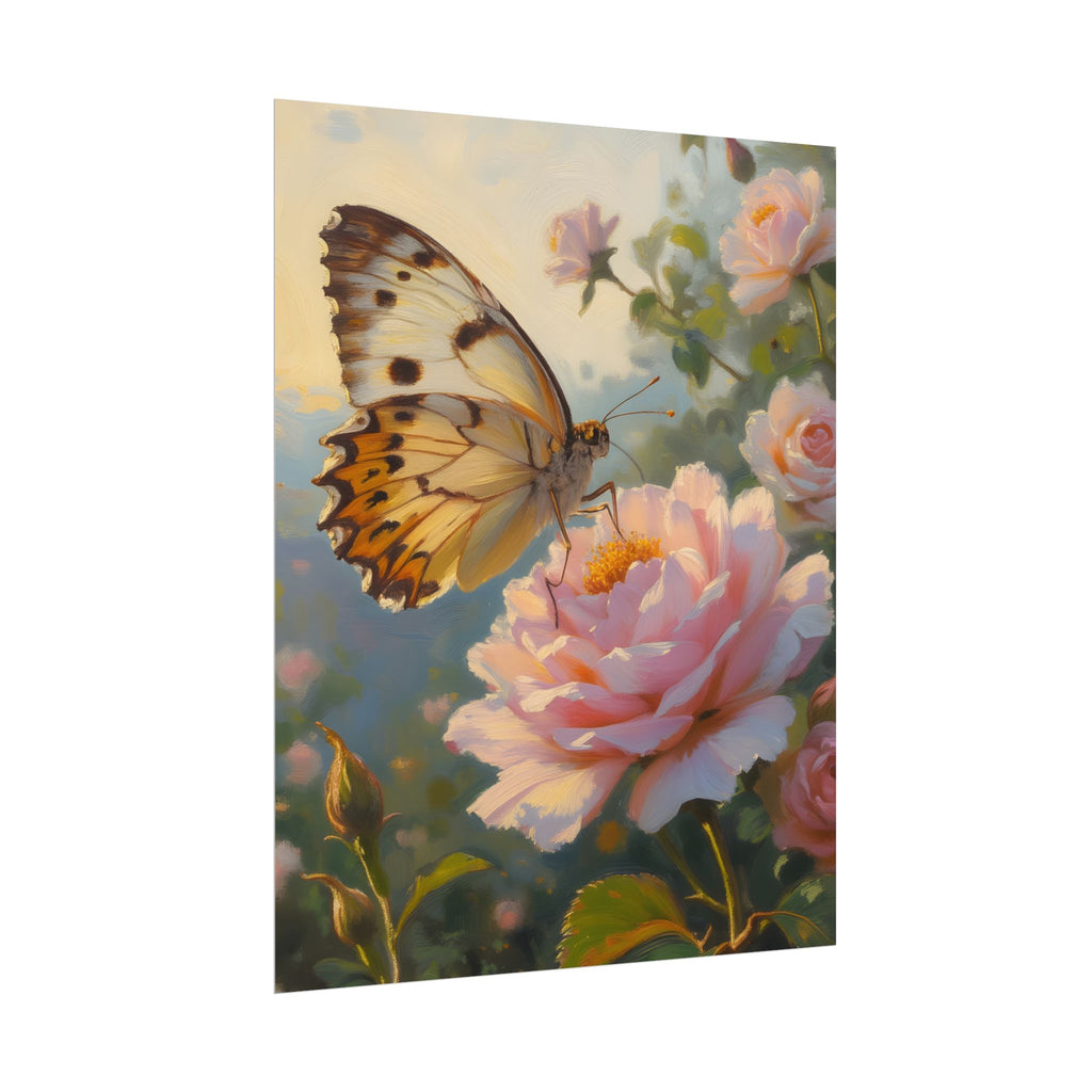 Butterfly on Pink Rose Wall Art - Poster