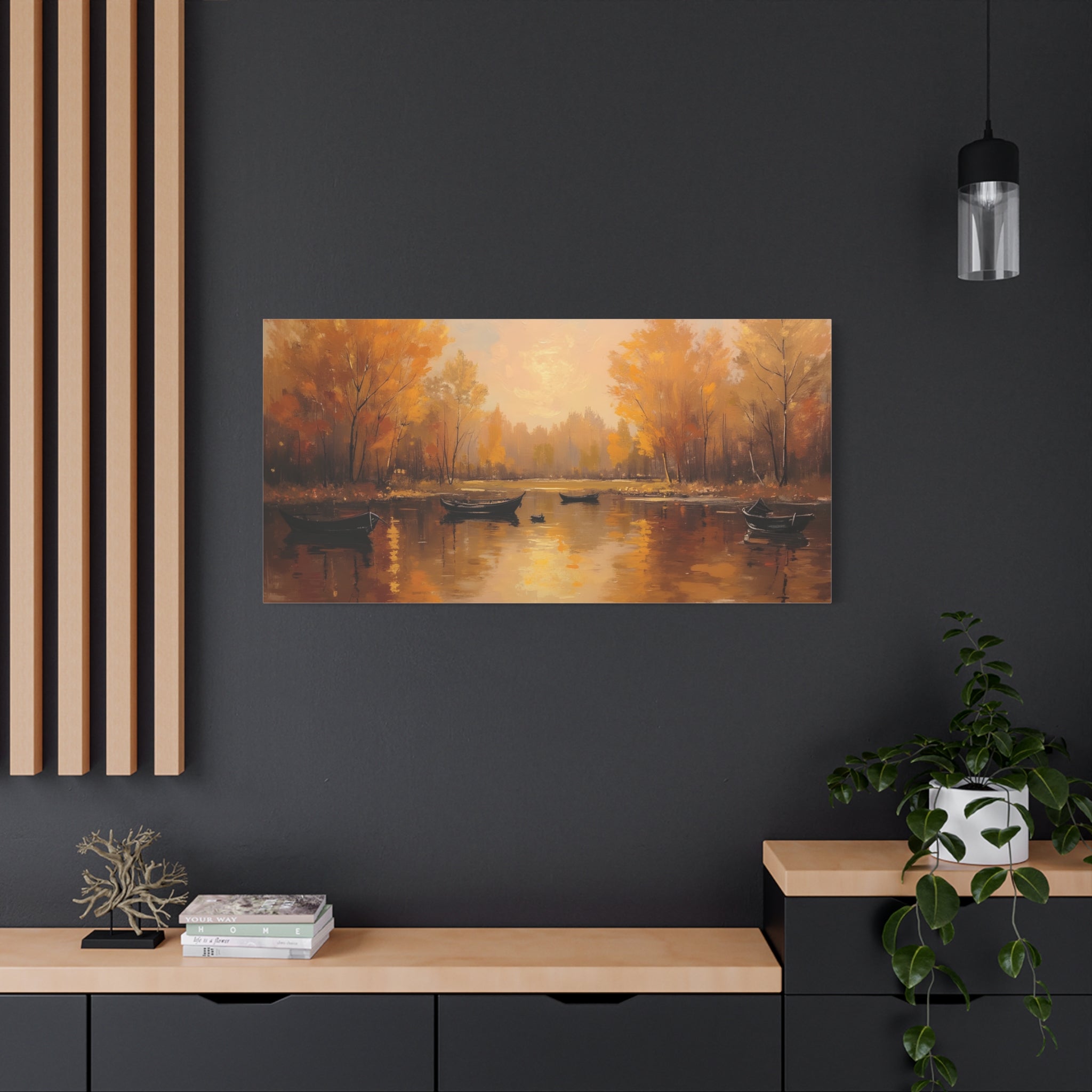 Autumn at the lake with rowboats Wall Art - Stretched Canvas