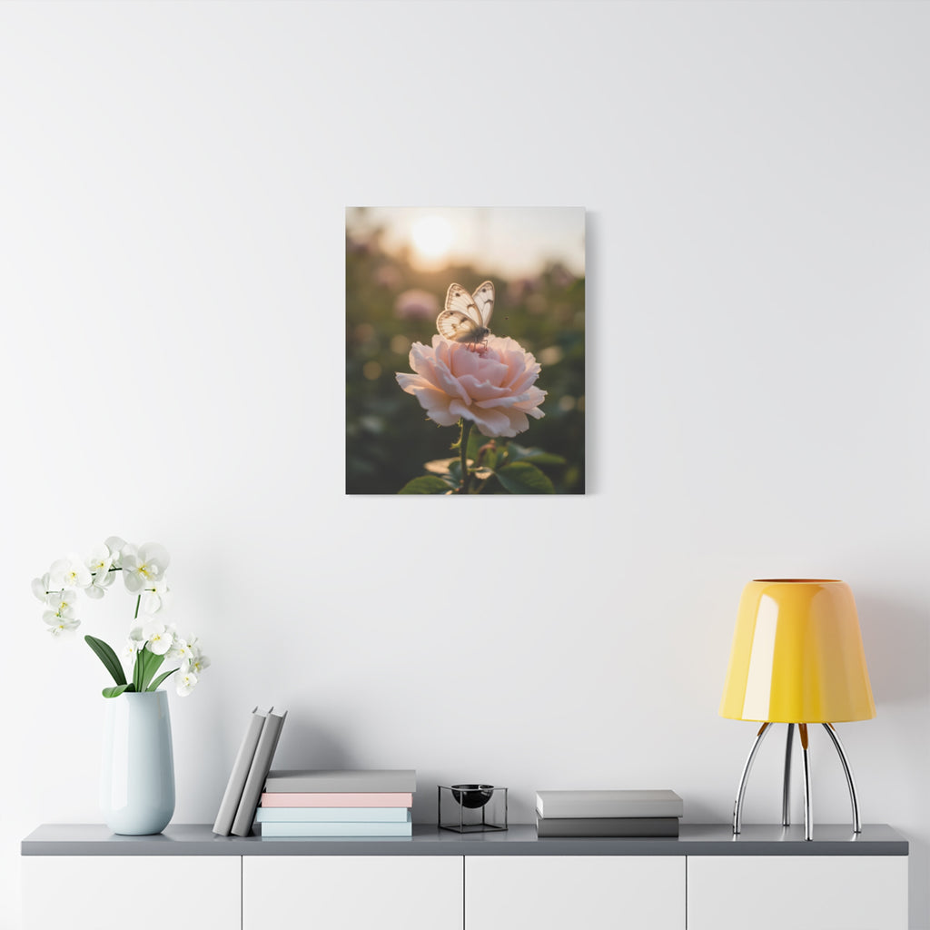 Butterfly on Pink Rose Wall Art - Stretched Canvas