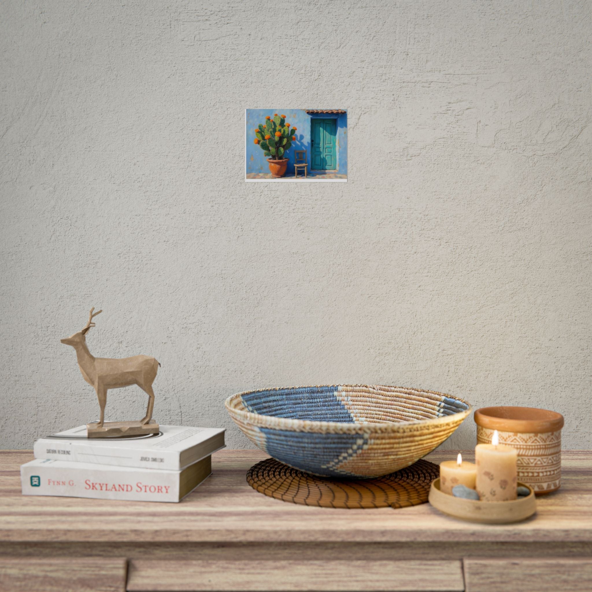 Cactus Binnenplaats Gerolde Poster — Turquoise Deur Woestijn Kunst aan de Muur