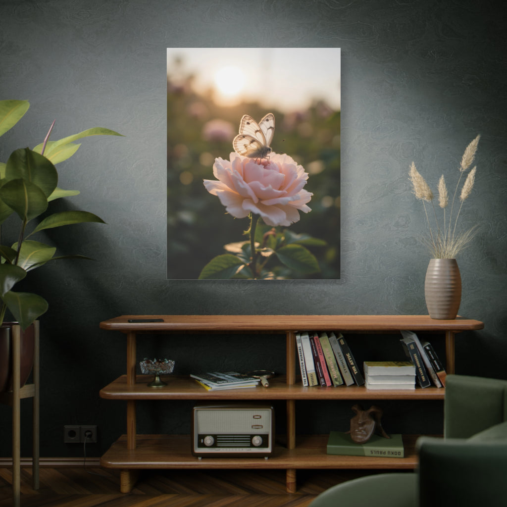 Butterfly on Pink Rose Wall Art - Stretched Canvas