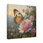 Butterfly on Pink Rose Wall Art - Stretched Canvas