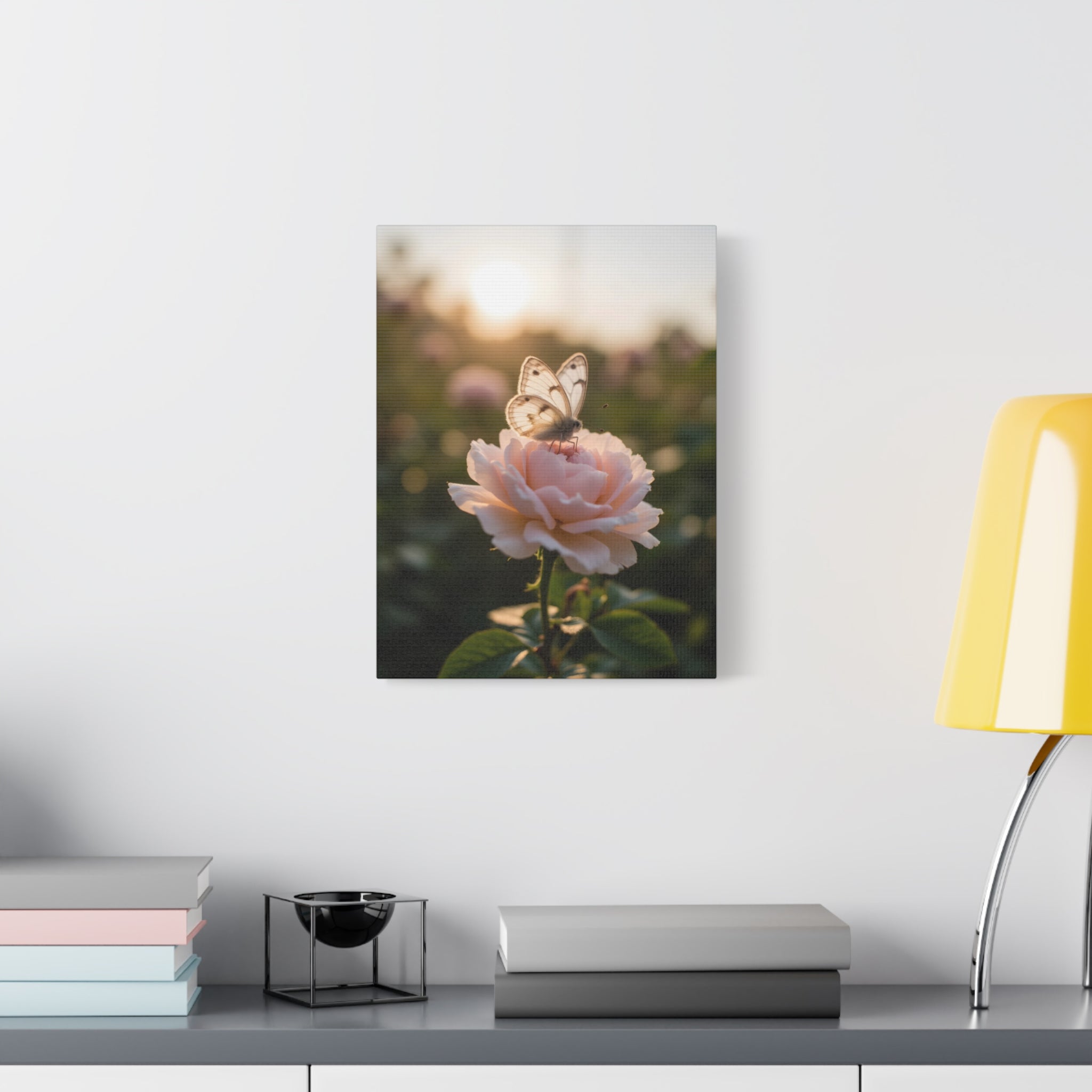 Butterfly on Pink Rose Wall Art - Stretched Canvas