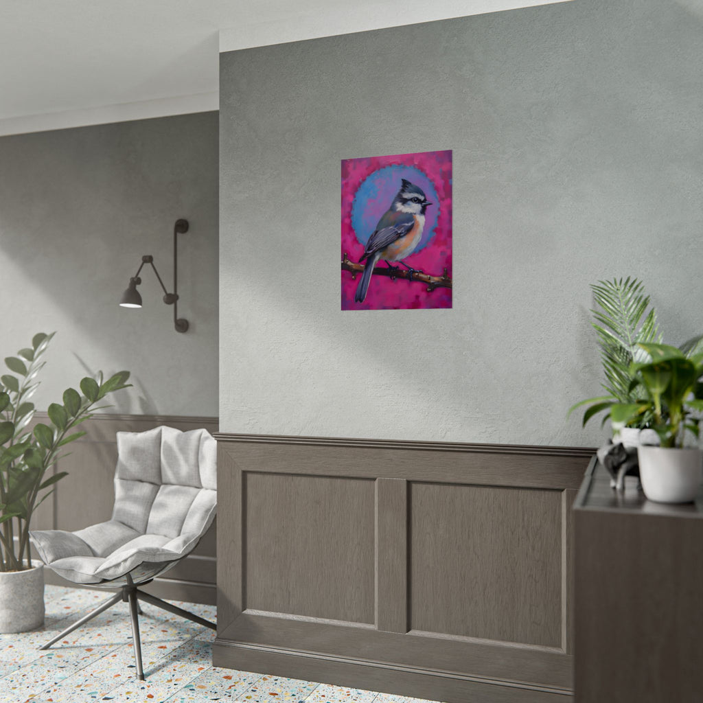 Colorful Songbird Poster — Blue Jay Art Print on Vibrant Pink Background