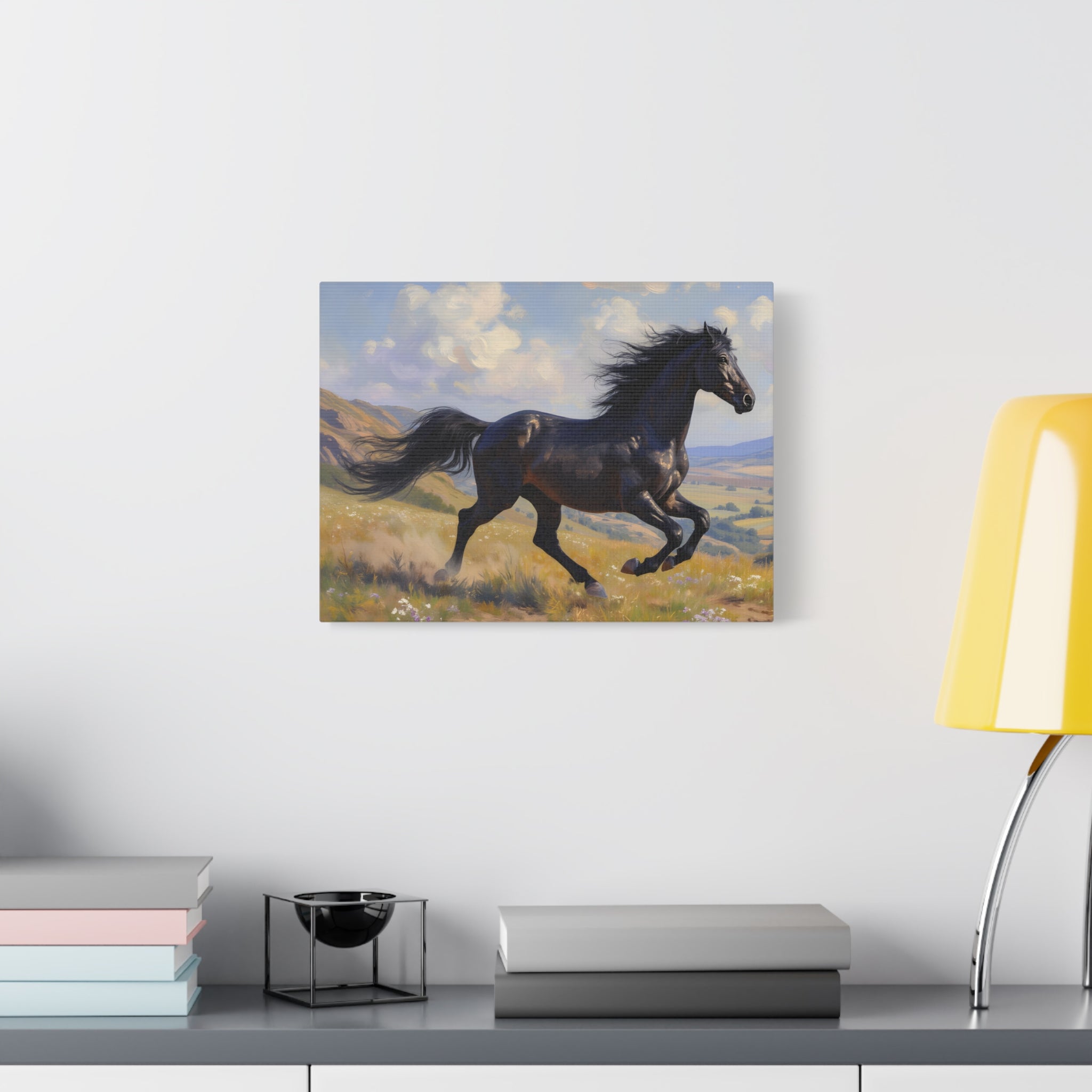 Running Black Stallion Wall Art - Horse Painting - Stretched Canvas
