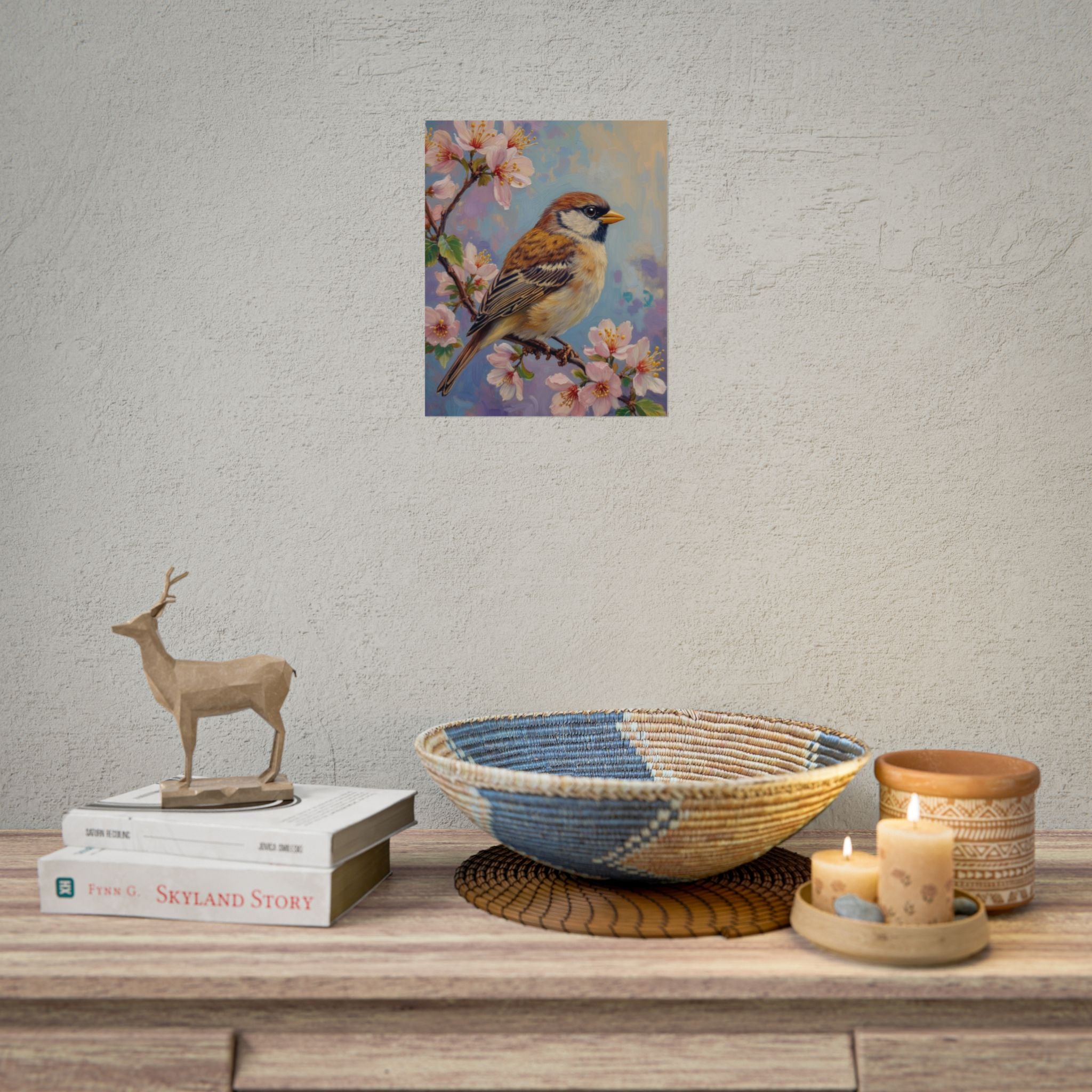 Bird on Blossom Rolled Poster — Spring Sparrow on Branch Wall Art Print