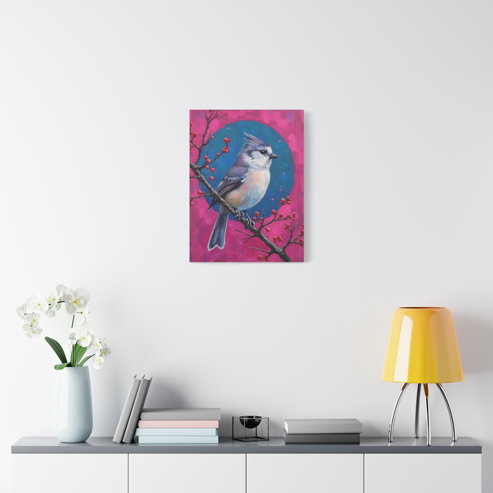 Blue jay on a holly branch Wall Art - Stretched Canvas