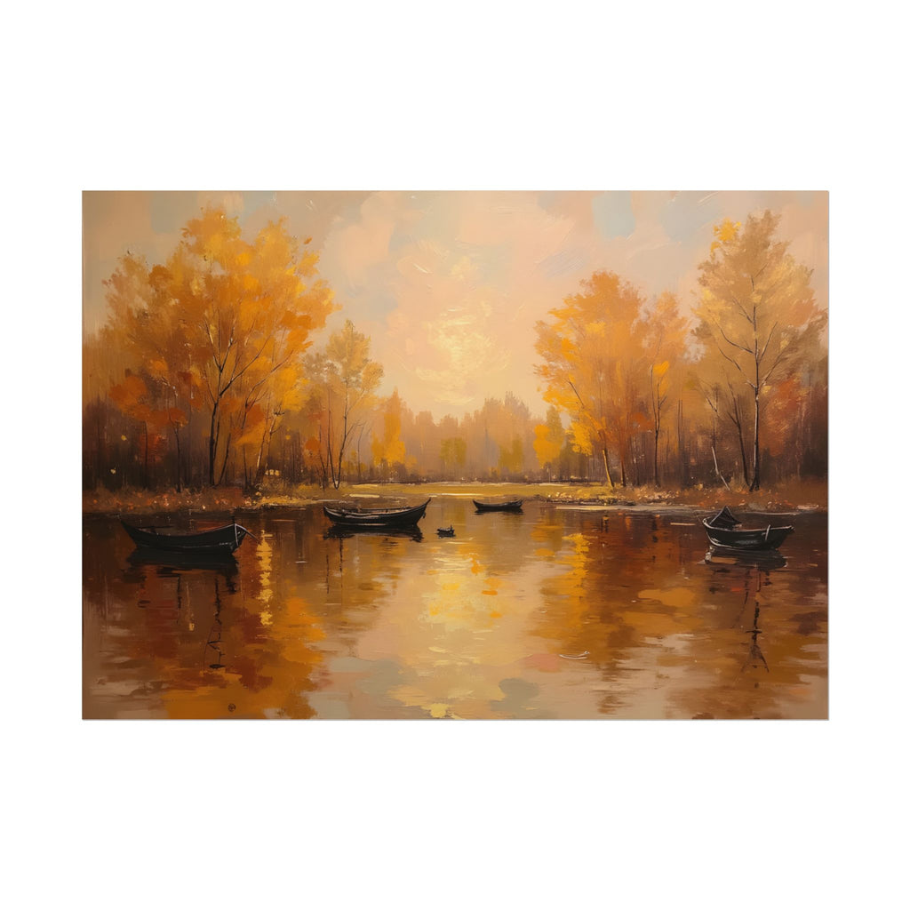 Autumn at the lake with rowboats - Poster