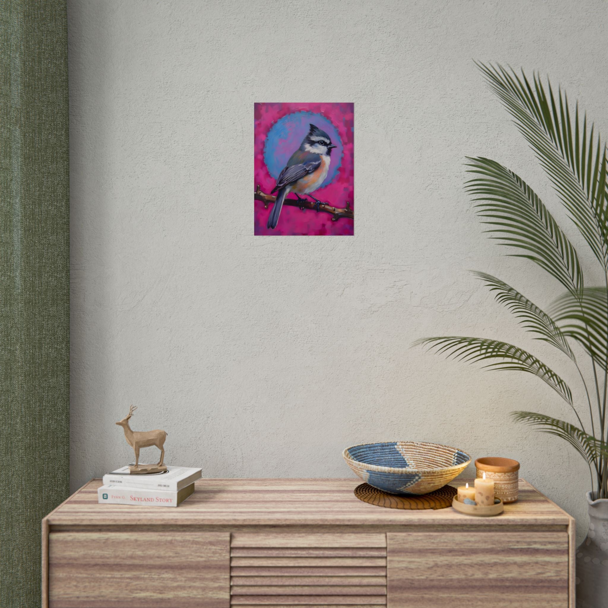Kleurrijke Zangvogel Poster — Blauwe Gaai Kunstprint op Levendige Roze Achtergrond