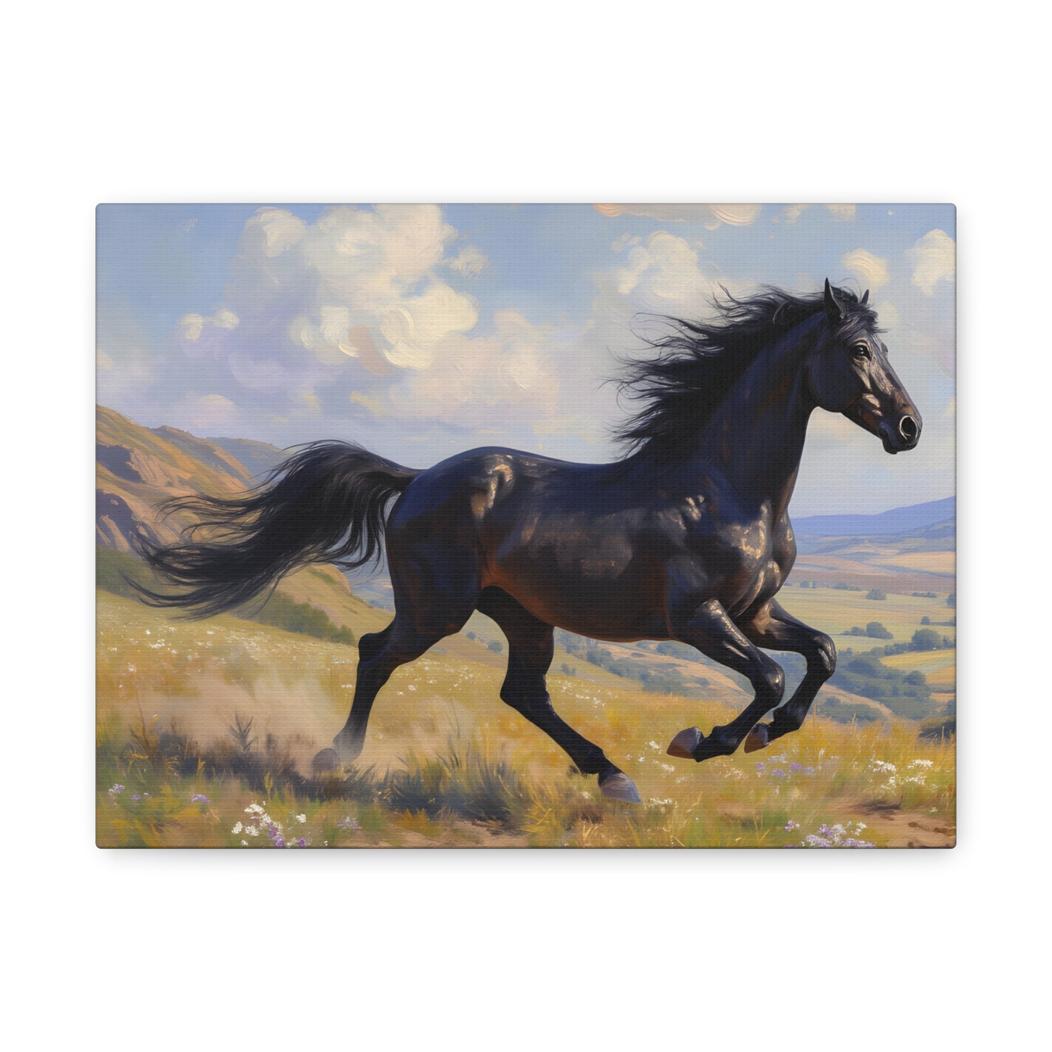 Running Black Stallion Wall Art - Horse Painting - Stretched Canvas