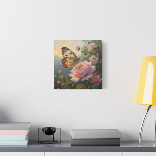 Muurdecoratie met vlinder op een roze roos - Gespannen canvas 