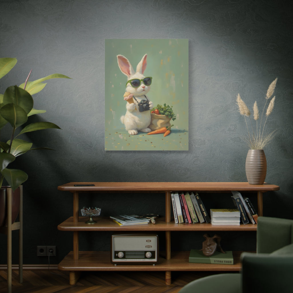 Green Bunny Canvas Wall Art — Photographer Bunny with Carrots & Ice Cream