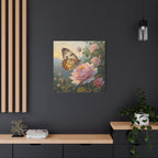 Butterfly on Pink Rose Wall Art - Stretched Canvas
