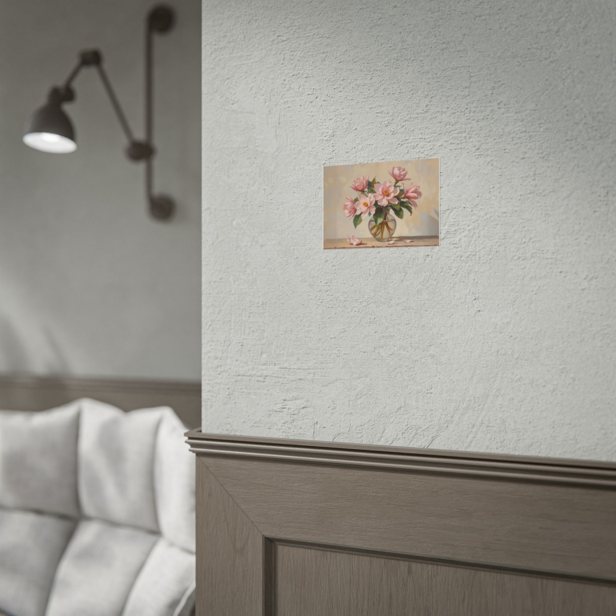 Opgerolde Poster - Roze Pioenrozen Bloemenprint Vaas Muurkunst