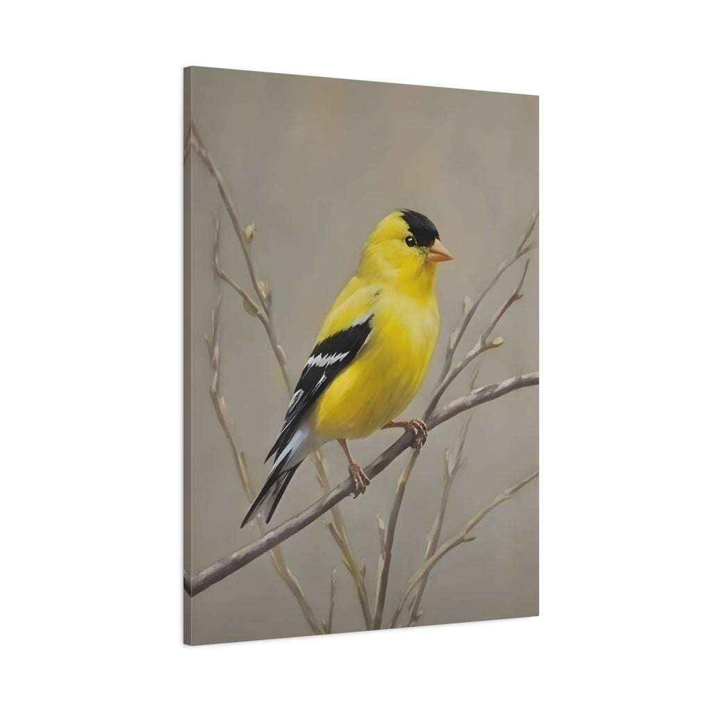 Putter Muurkunst Canvas — Gele Zangvogel Schilderij op Tak, Mat Gespannen Canvas