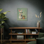Green Bunny Canvas Wall Art — Photographer Bunny with Carrots & Ice Cream