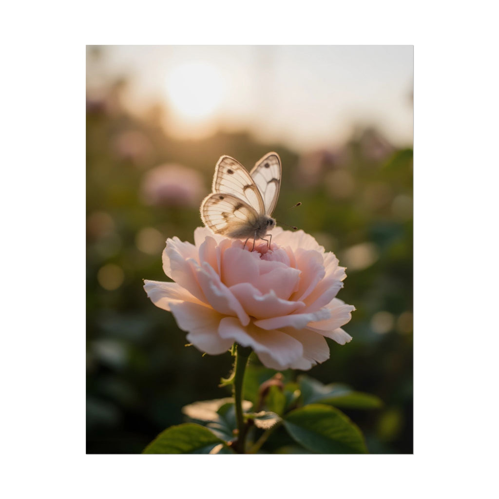 Butterfly on Pink Rose Wall Art - Poster