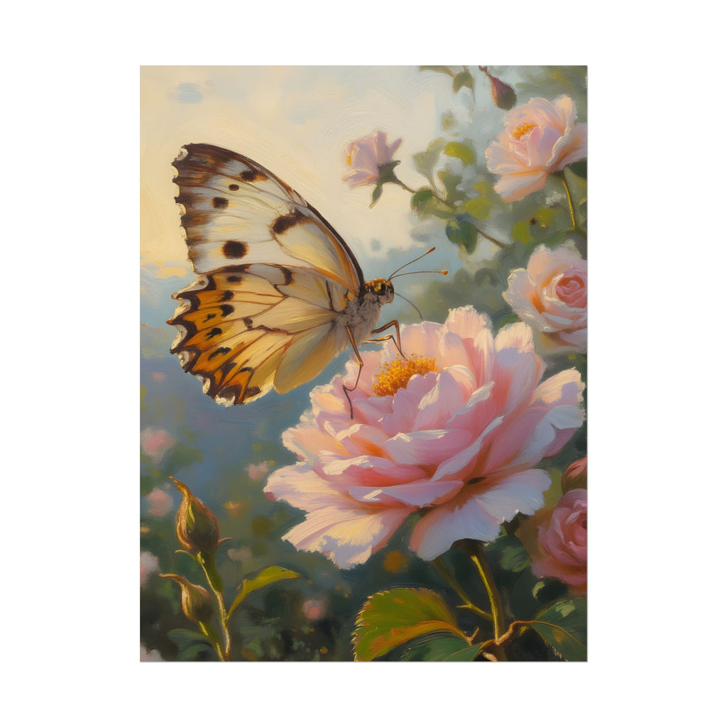 Butterfly on Pink Rose Wall Art - Poster